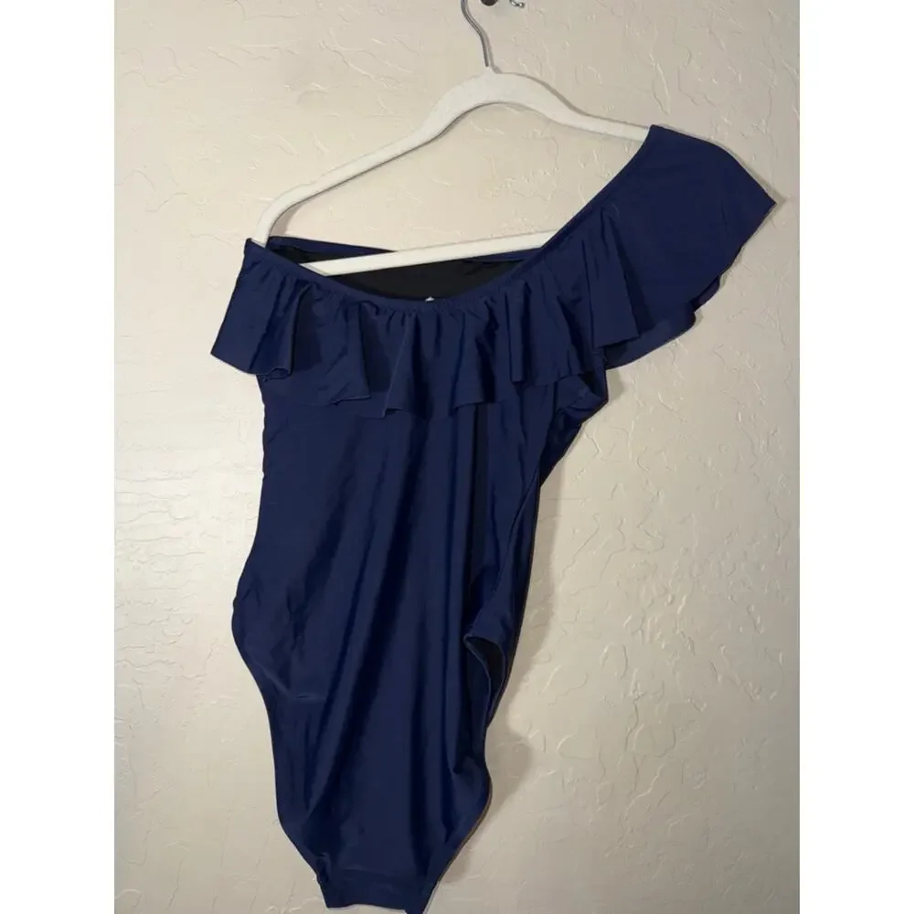 J. Crew one shoulder ruffle navy blue one piece swim size small